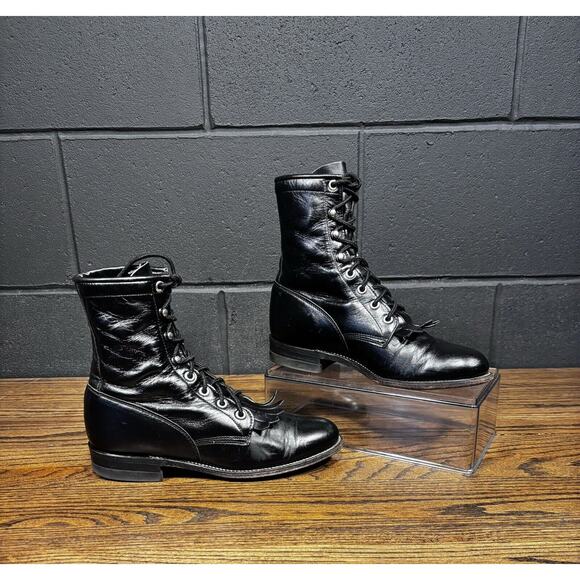 Justin Womens Lace-Up Roper Boots 5.5B Black Leather Made in USA Riding Vintage - Picture 2 of 8